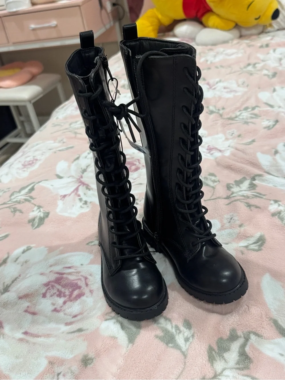 Steve Madden Black Lace-Up Combat Knee Boot with Side Zip